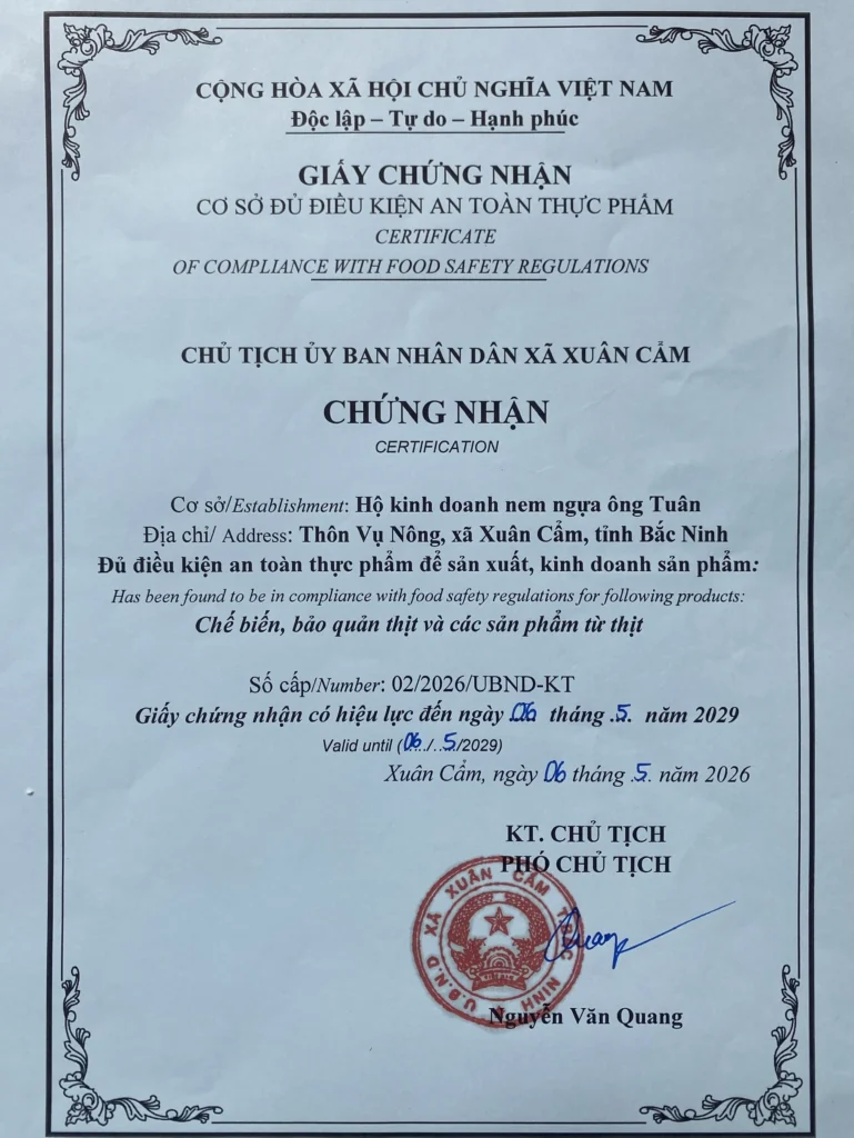 nem ngua ong tuan giay chung nhan an toan ve sinh thuc pham