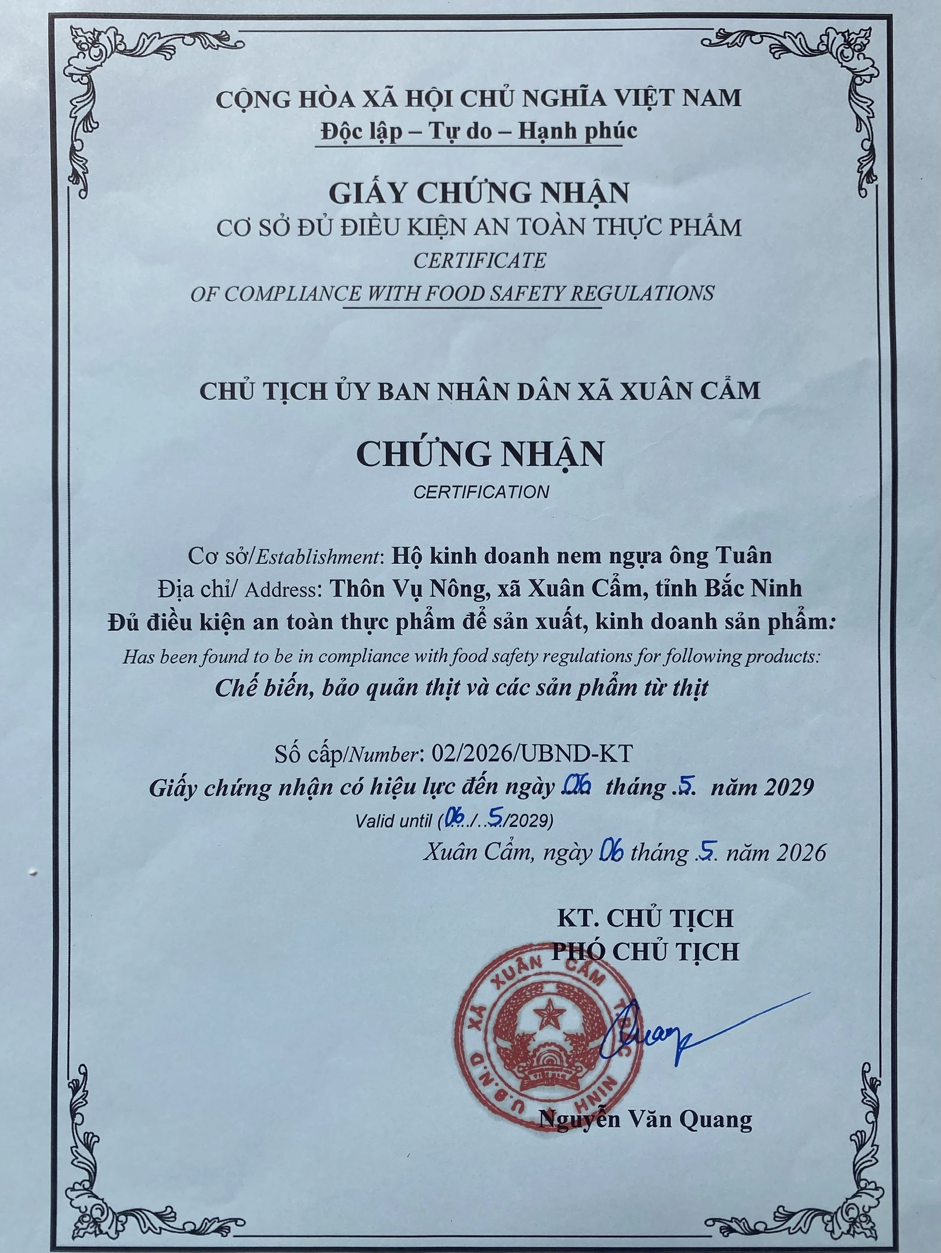 nem ngua ong tuan giay chung nhan an toan ve sinh thuc pham